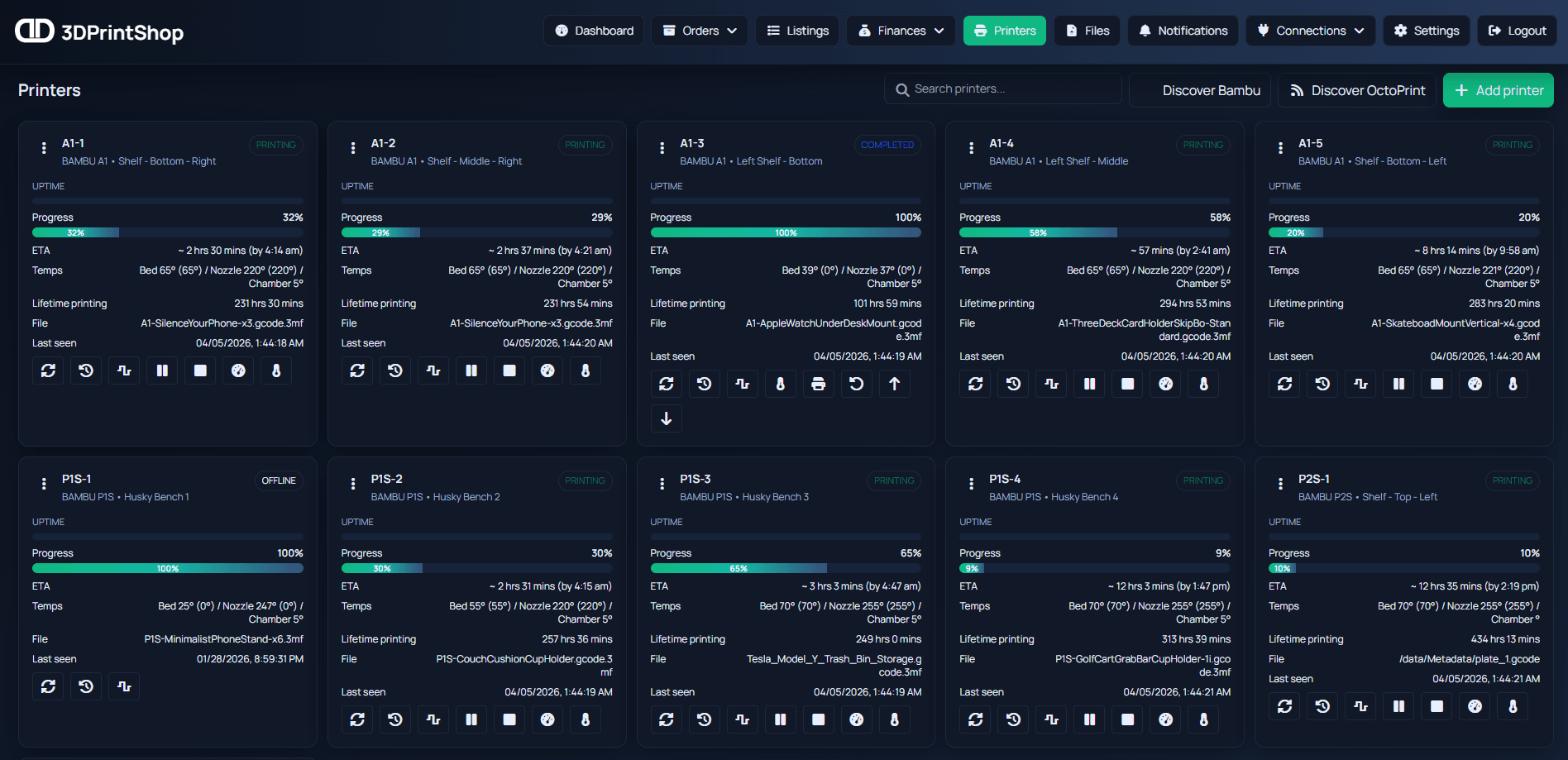 Printer dashboard screenshot from 3DPrintShop.