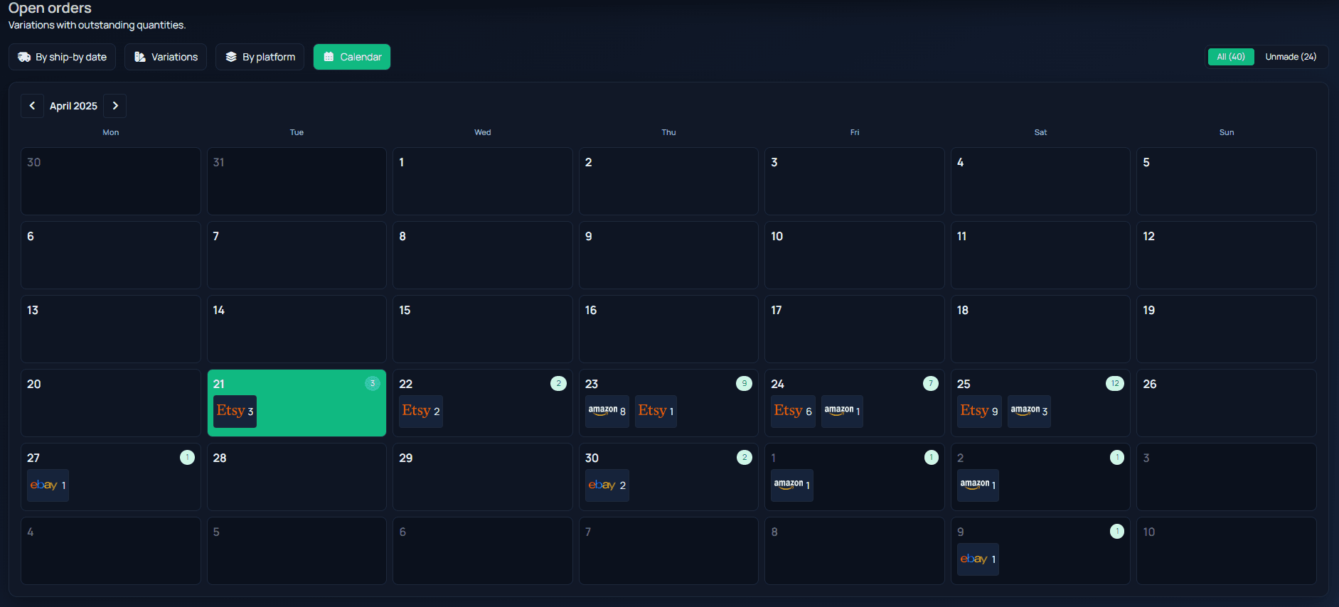Production calendar screenshot from 3DPrintShop.