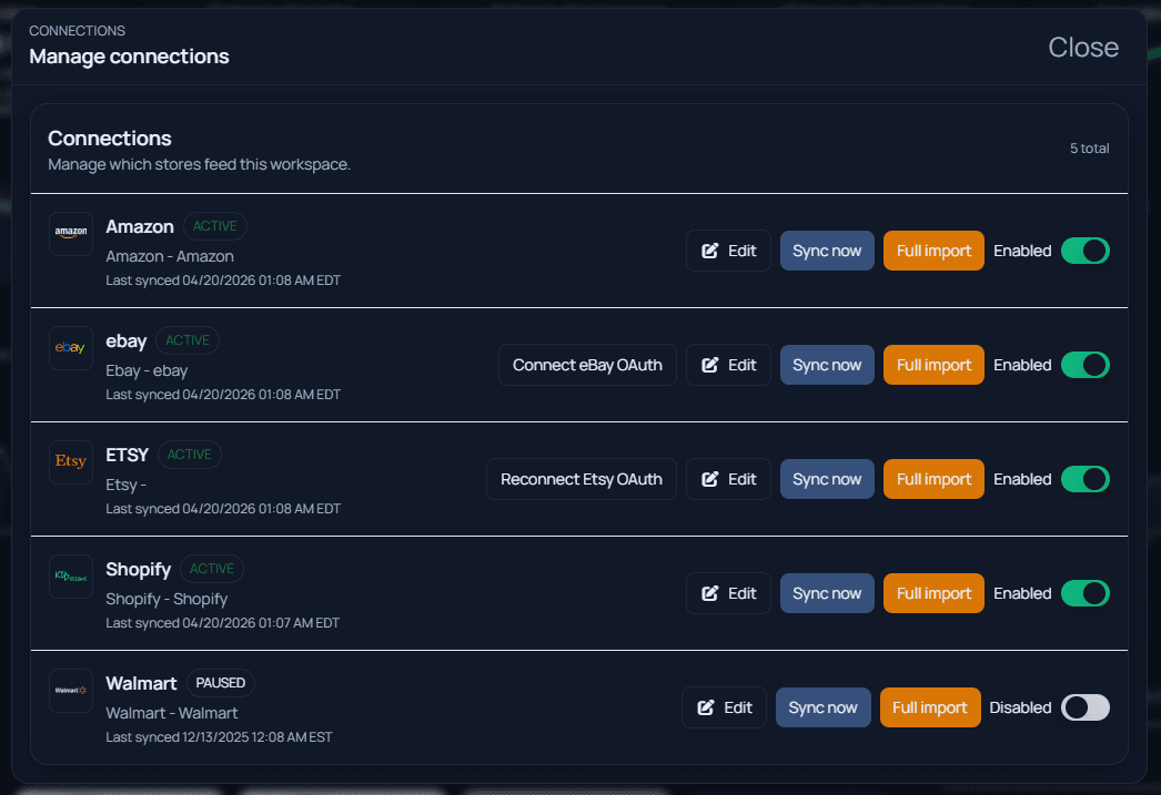 Connection management screenshot from 3DPrintShop.