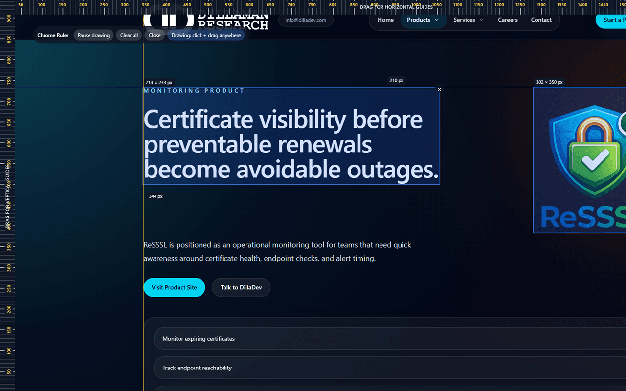 Chrome Ruler overlay showing rulers, guides, and pixel measurement boxes on a web page.