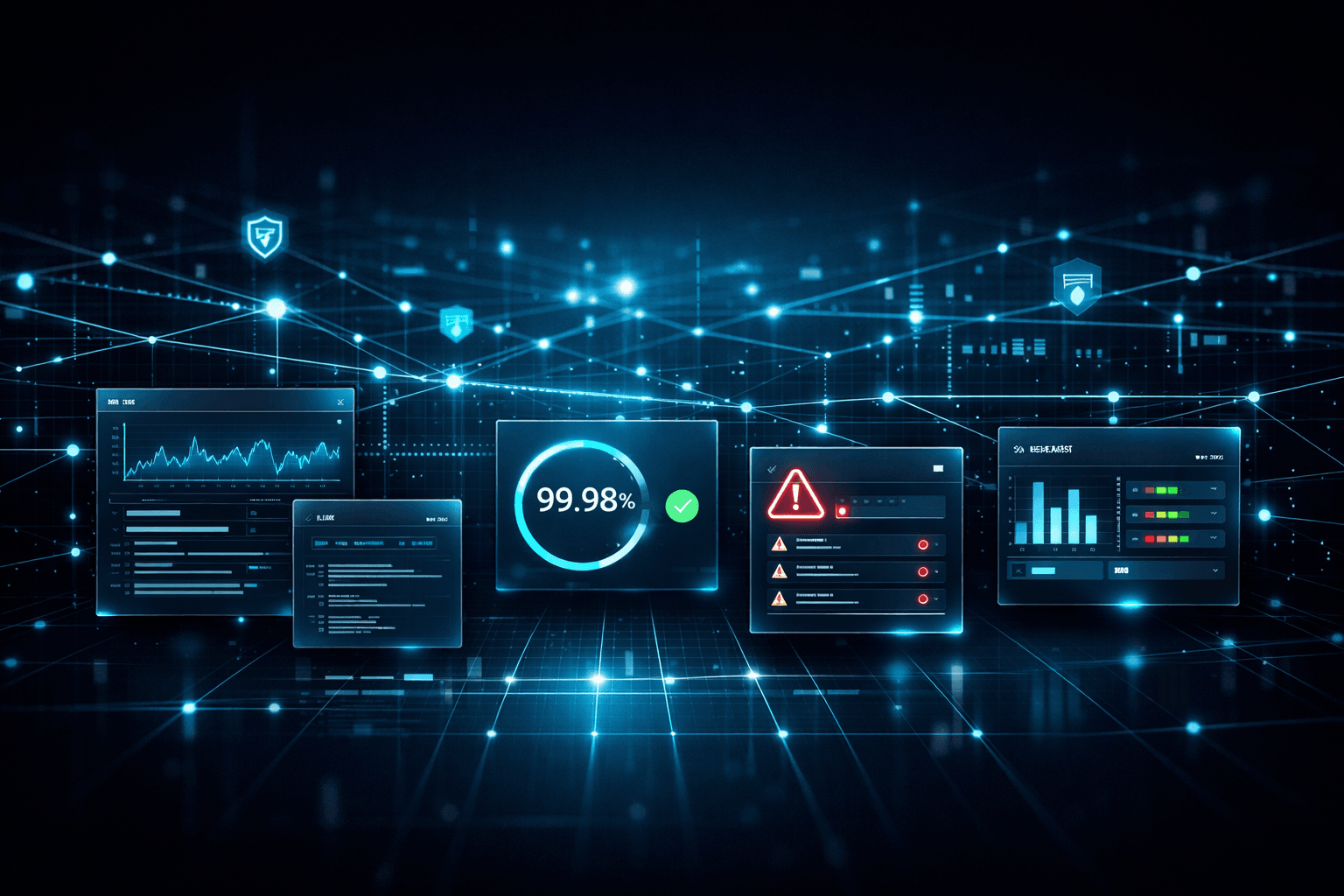 A high-tech operations dashboard with monitoring charts and deployment-style control panels.