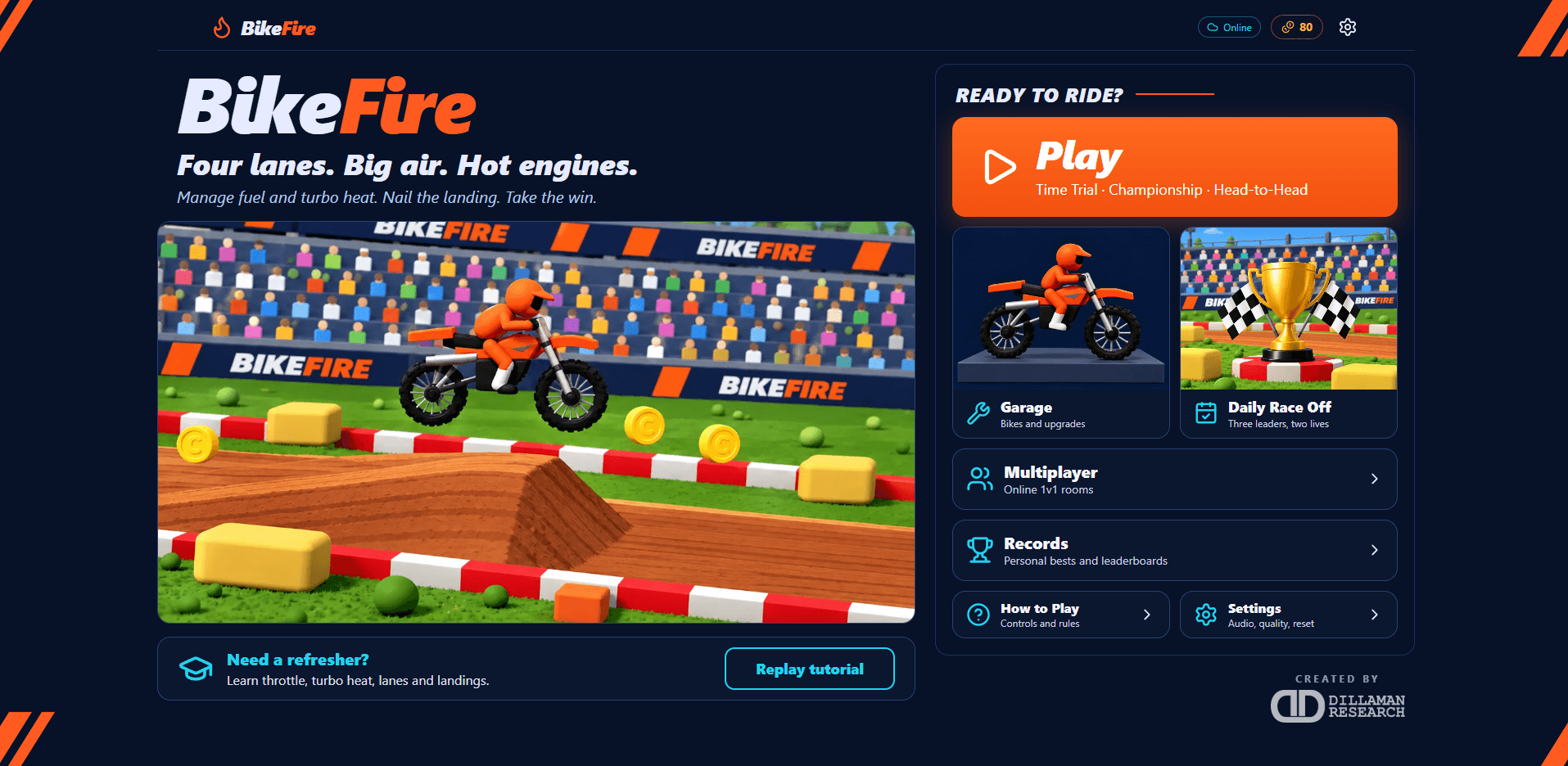 BikeFire home screen with Play, Garage, Daily Race Off, Multiplayer, Records, and tutorial options