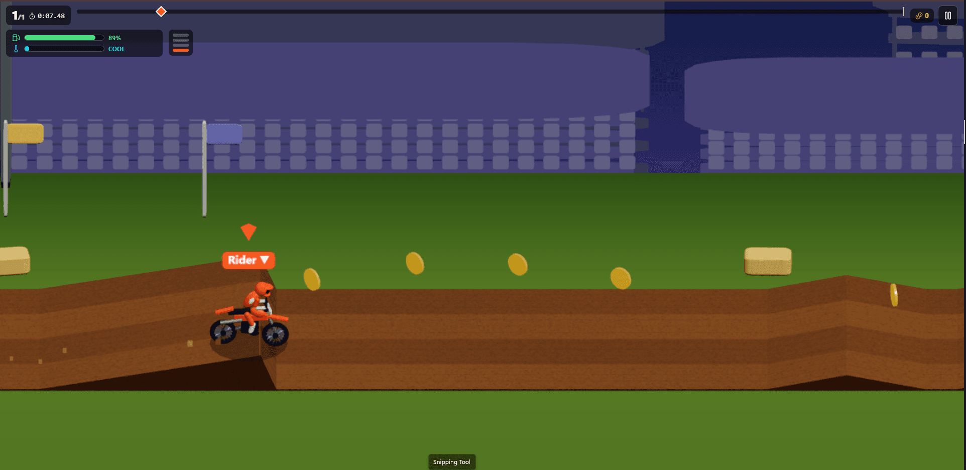 An orange rider airborne over a dirt stadium ramp beside a line of coins