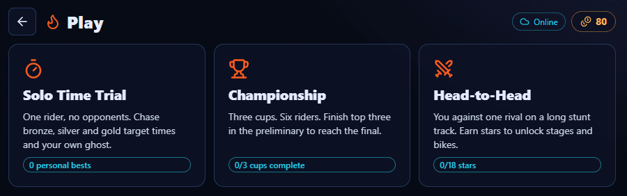 Solo mode selection with Time Trial, Championship, and Head-to-Head progress