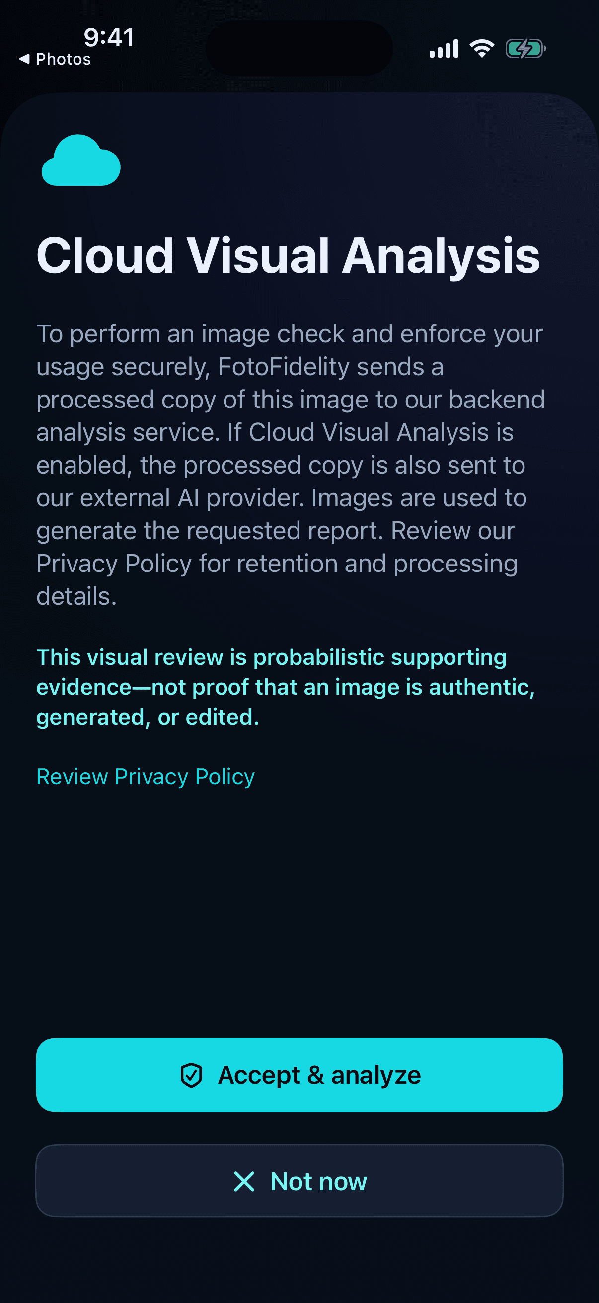 FotoFidelity cloud visual analysis consent screen explaining image processing and privacy.