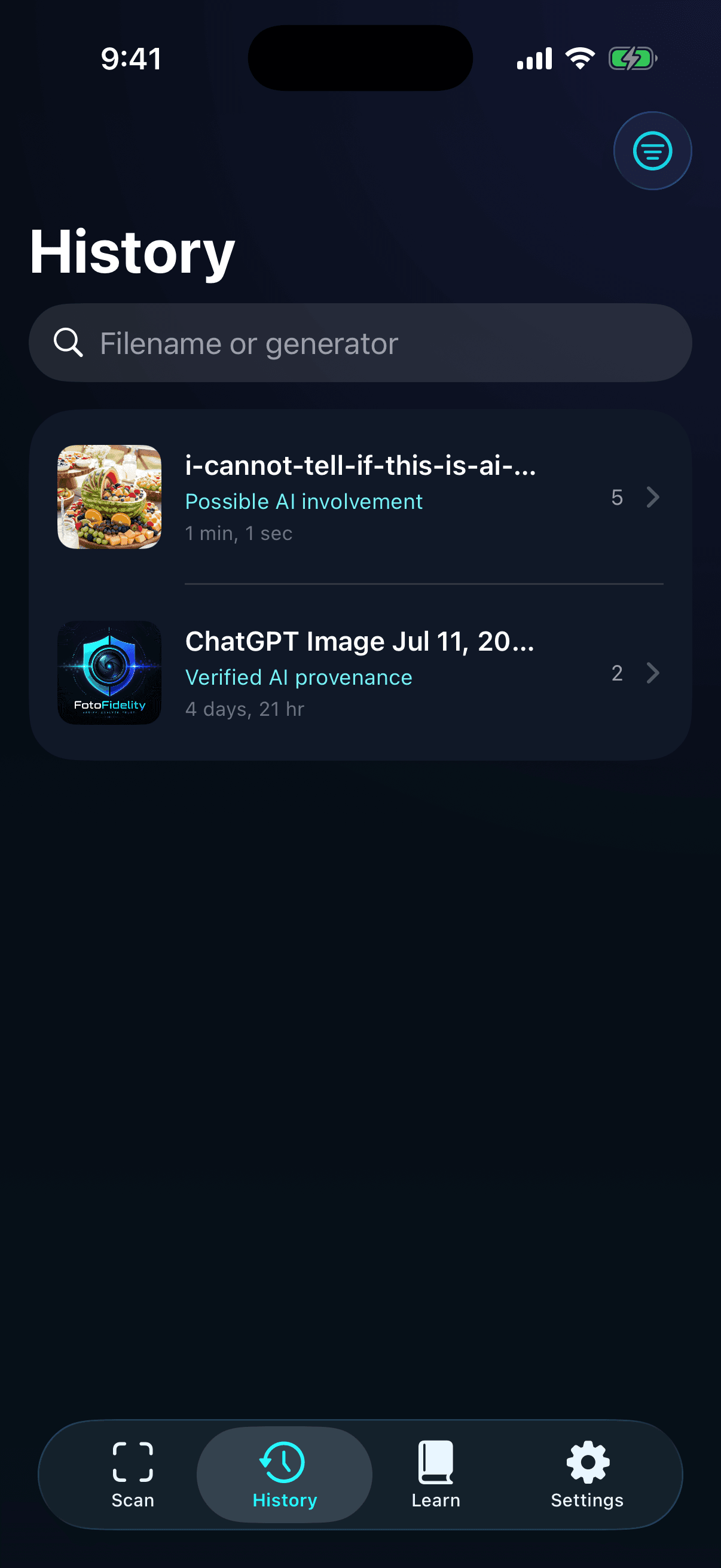 FotoFidelity scan history with searchable previous analysis reports.