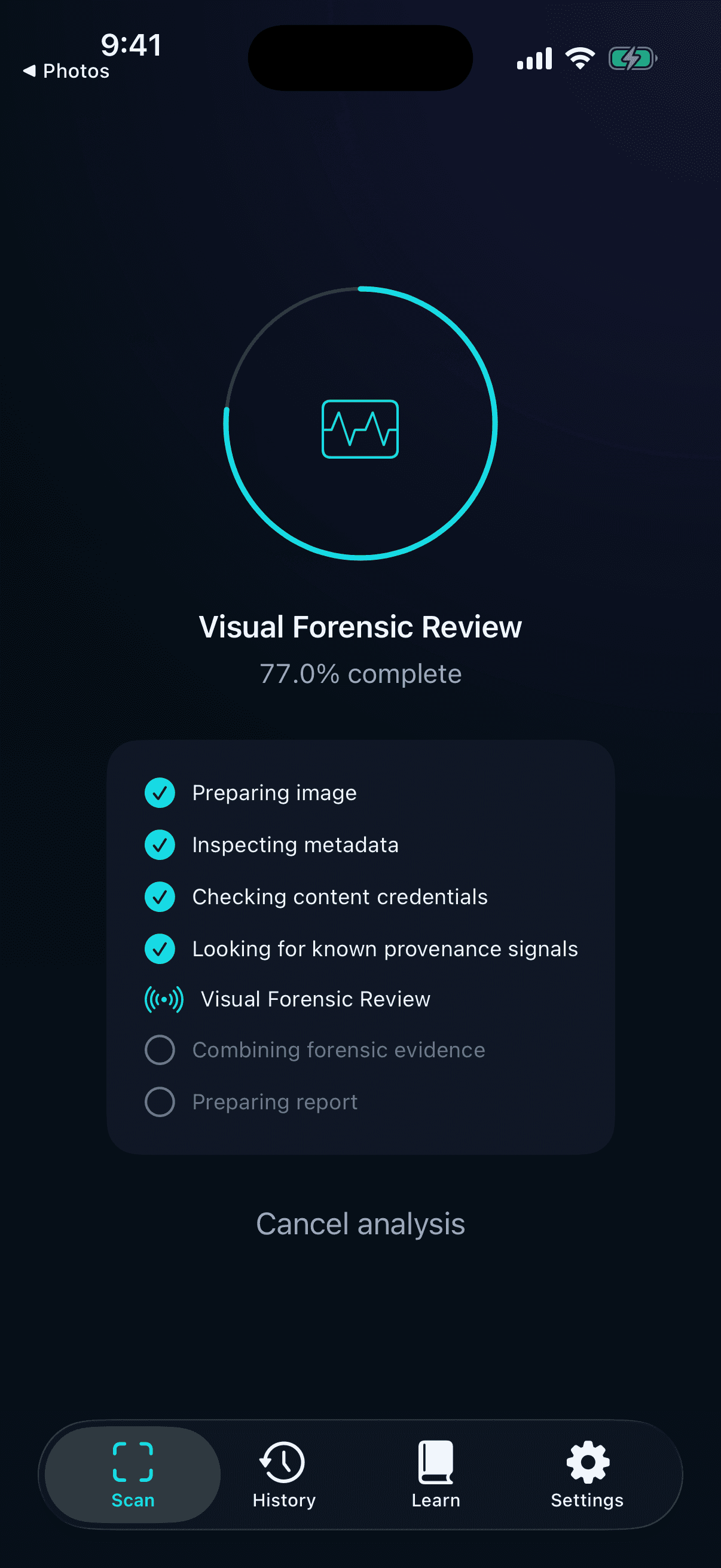 FotoFidelity visual forensic review in progress with completed analysis stages.