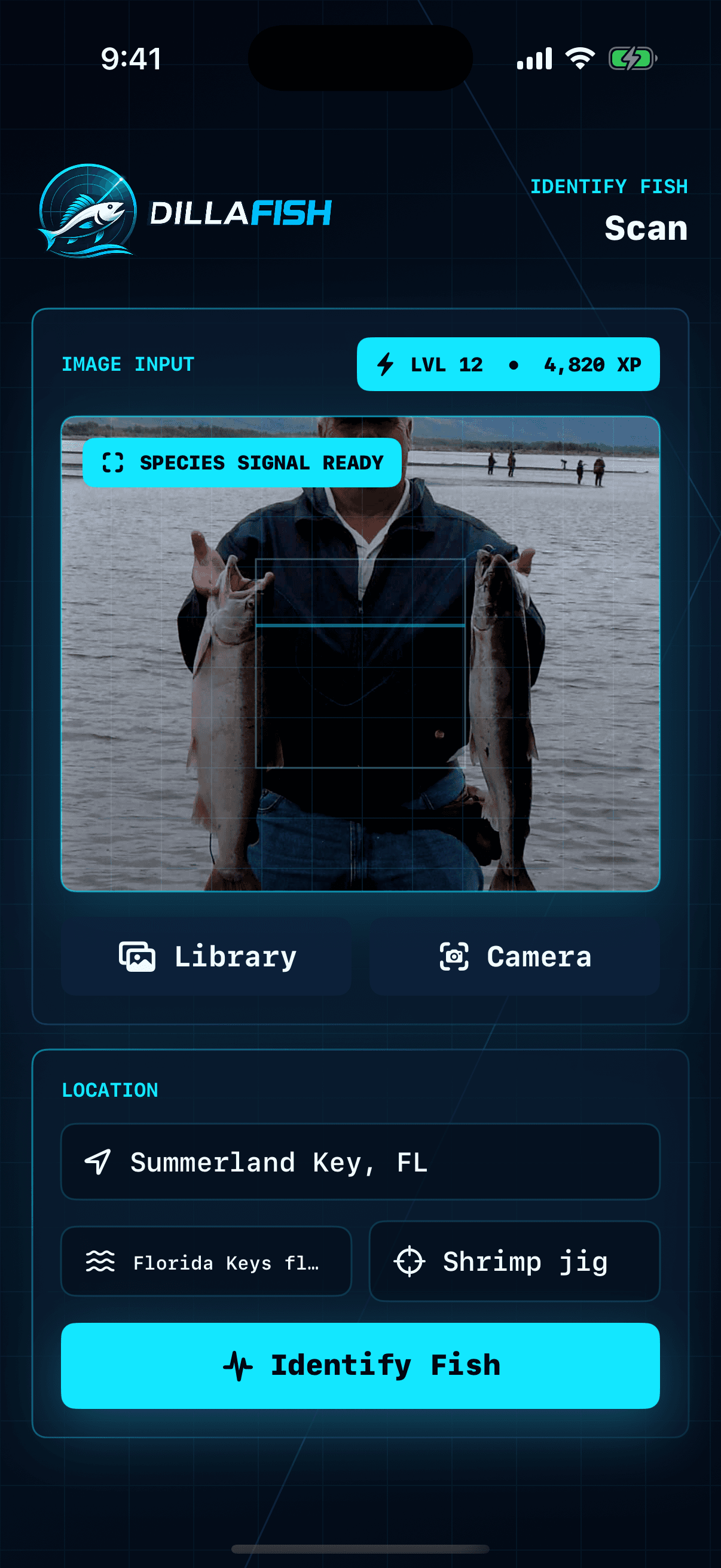 DillaFish scan screen showing fish identification workflow.