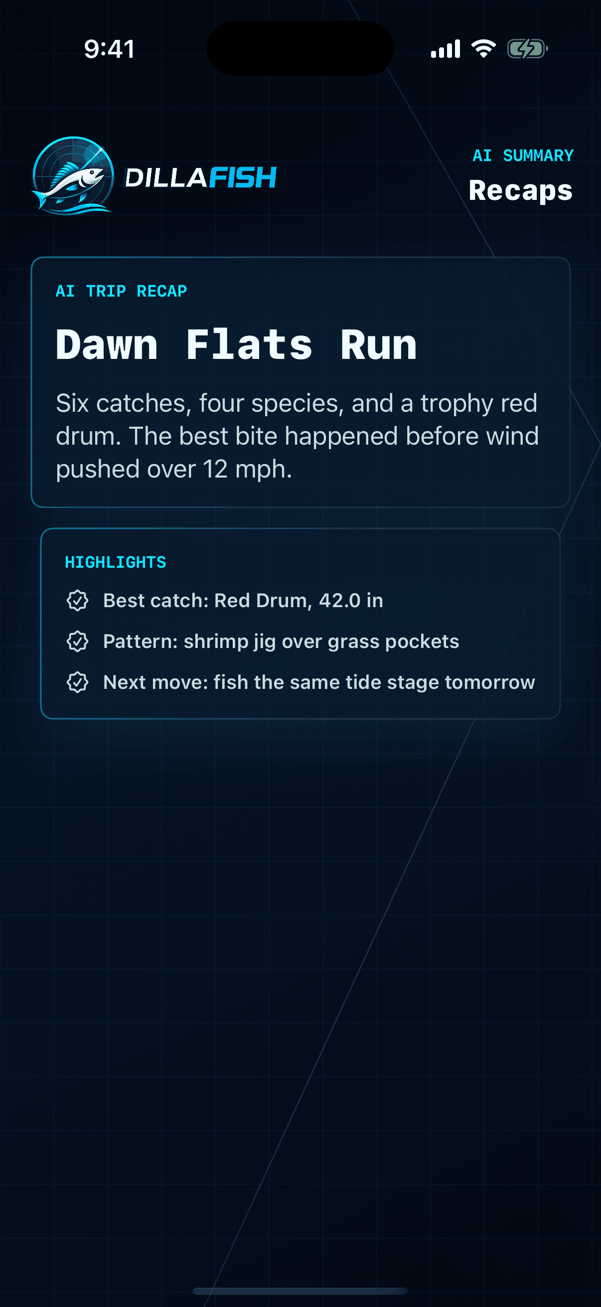 DillaFish AI trip recap screen.