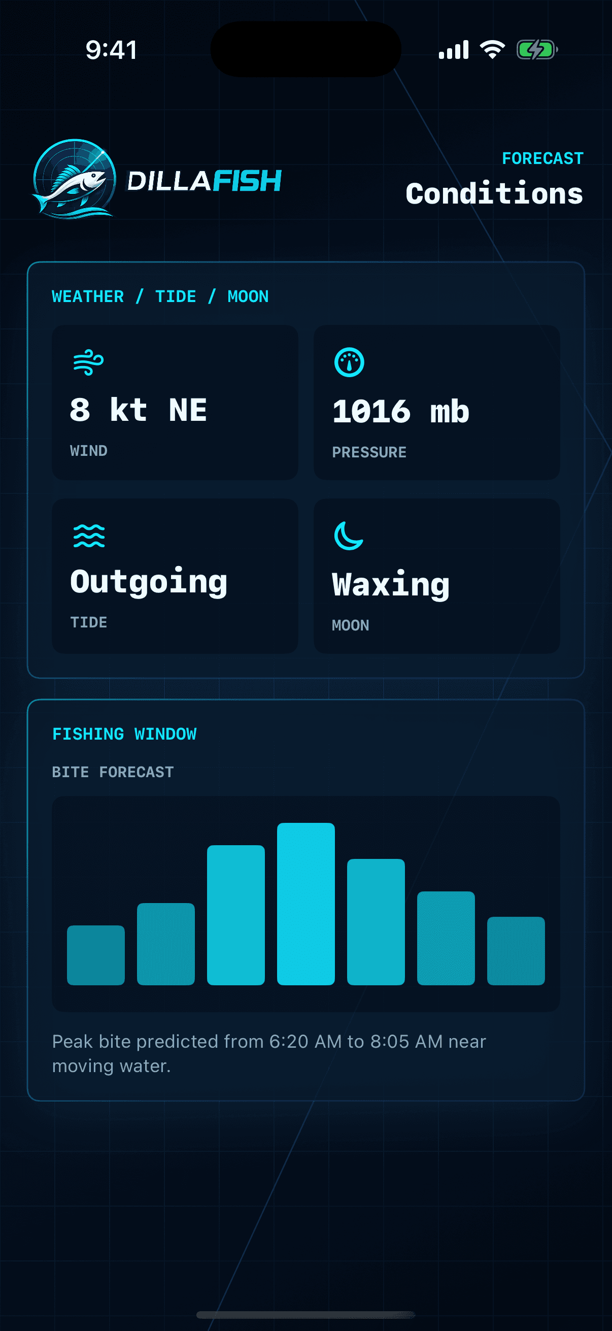 DillaFish weather tide and moon details screen.