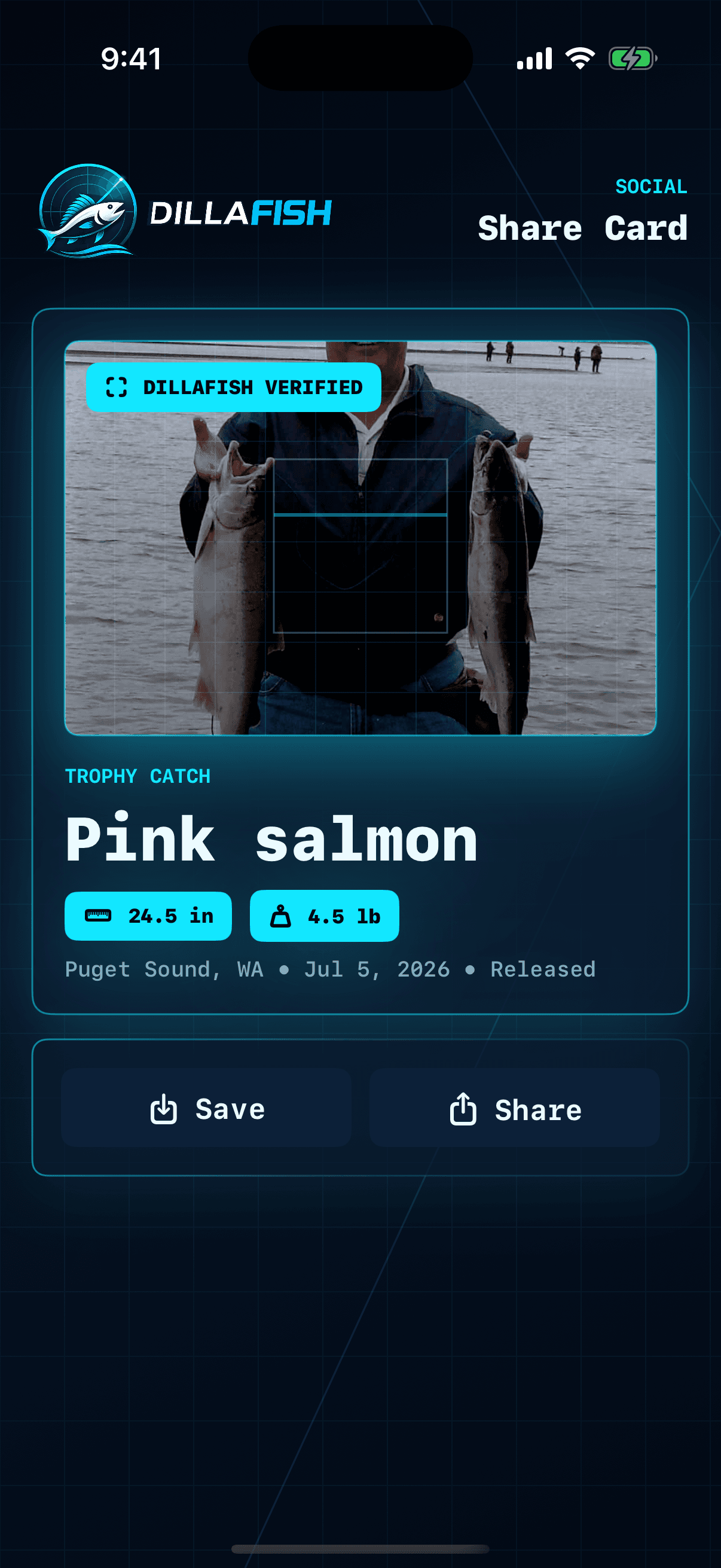 DillaFish shareable catch card screen.