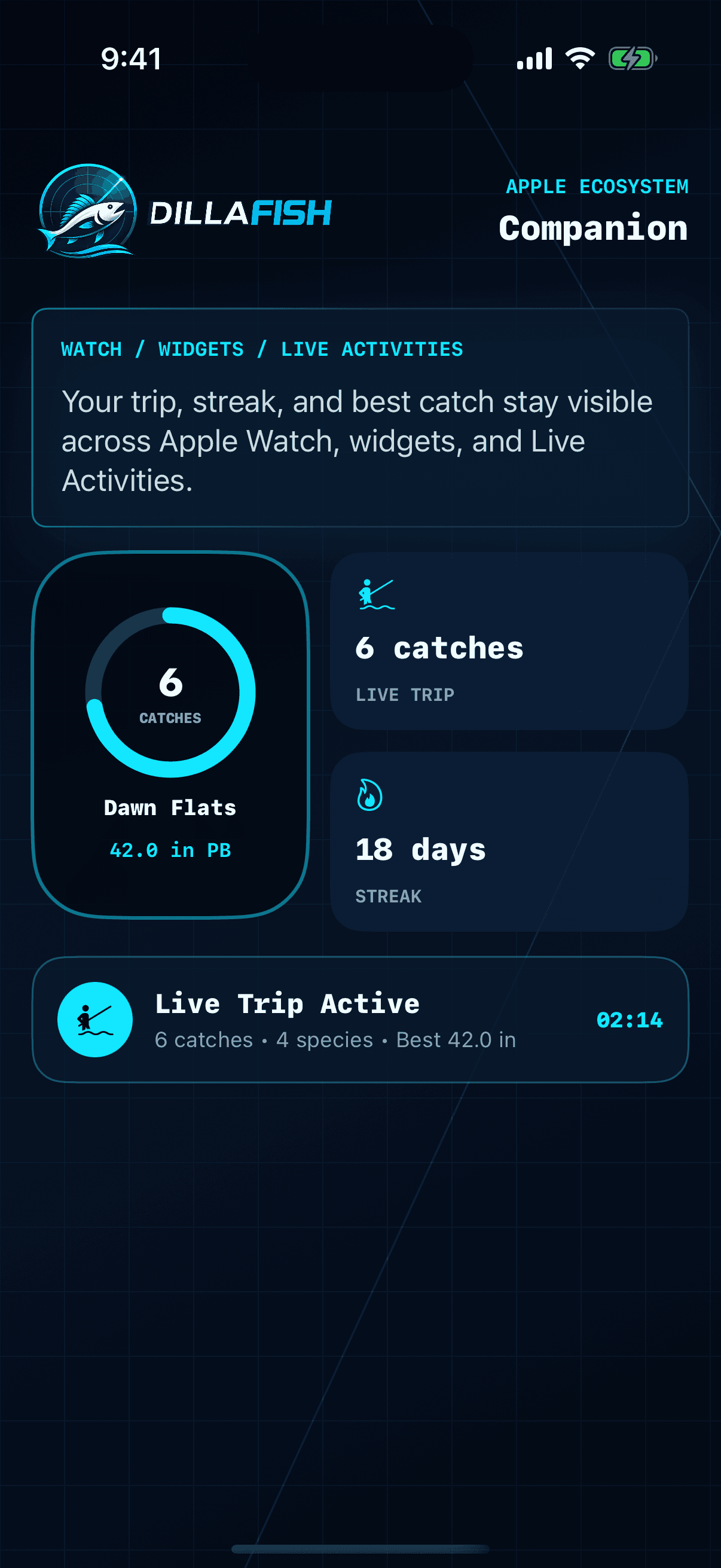 DillaFish Apple Watch widgets and Live Activities screen.