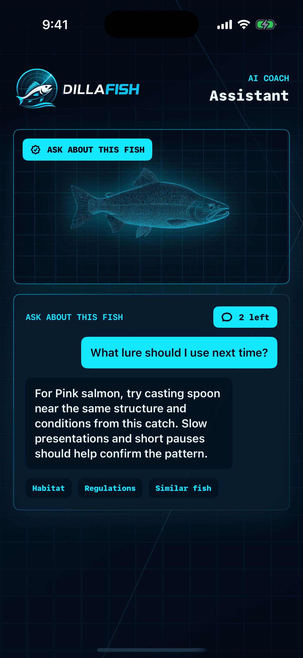 DillaFish Ask About This Fish assistant screen.