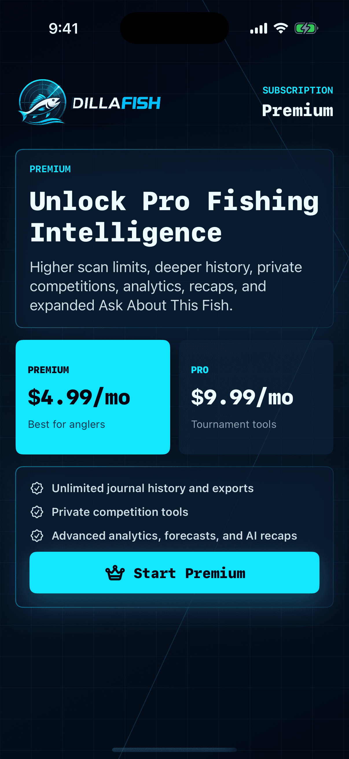 DillaFish Premium subscription screen.