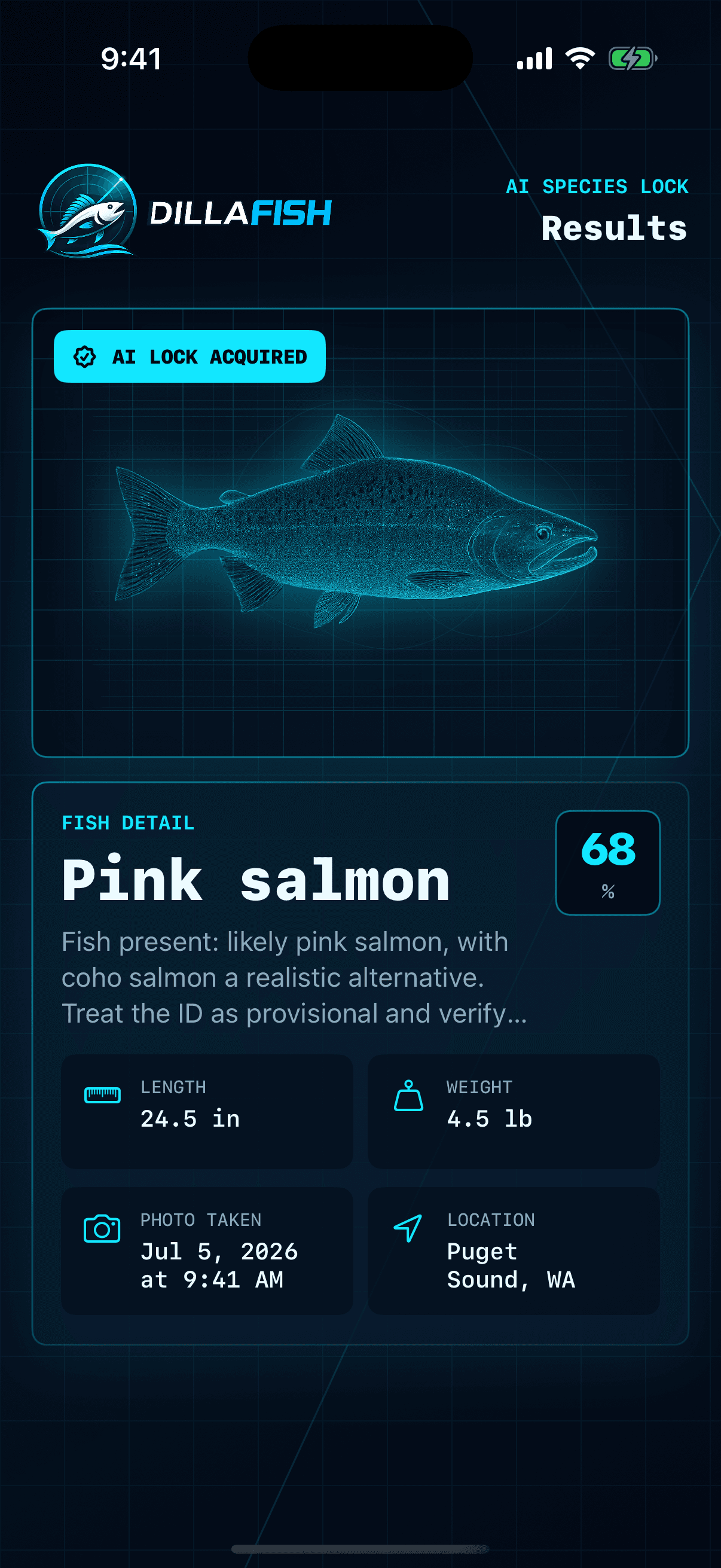 DillaFish AI fish identification results screen.