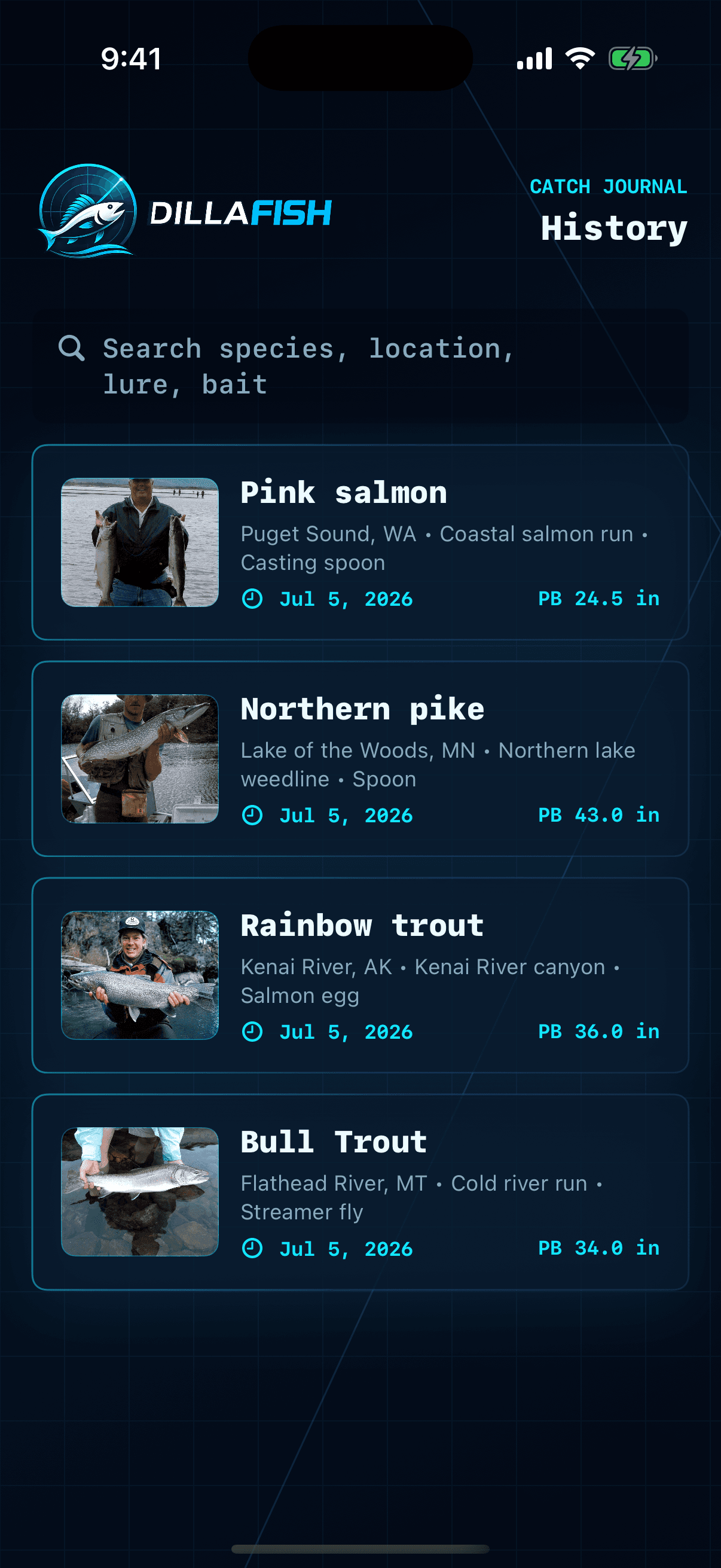 DillaFish catch history screen with saved catches.