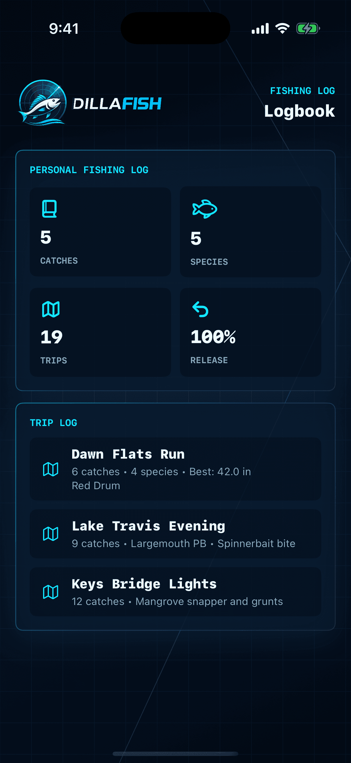 DillaFish personal fishing log screen.