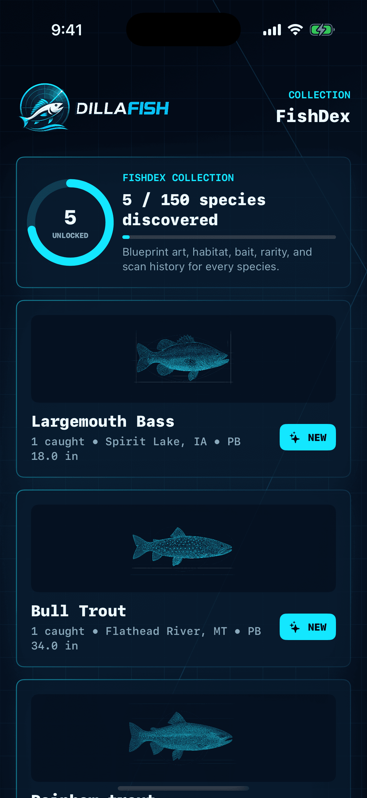 DillaFish FishDex discovery collection screen.