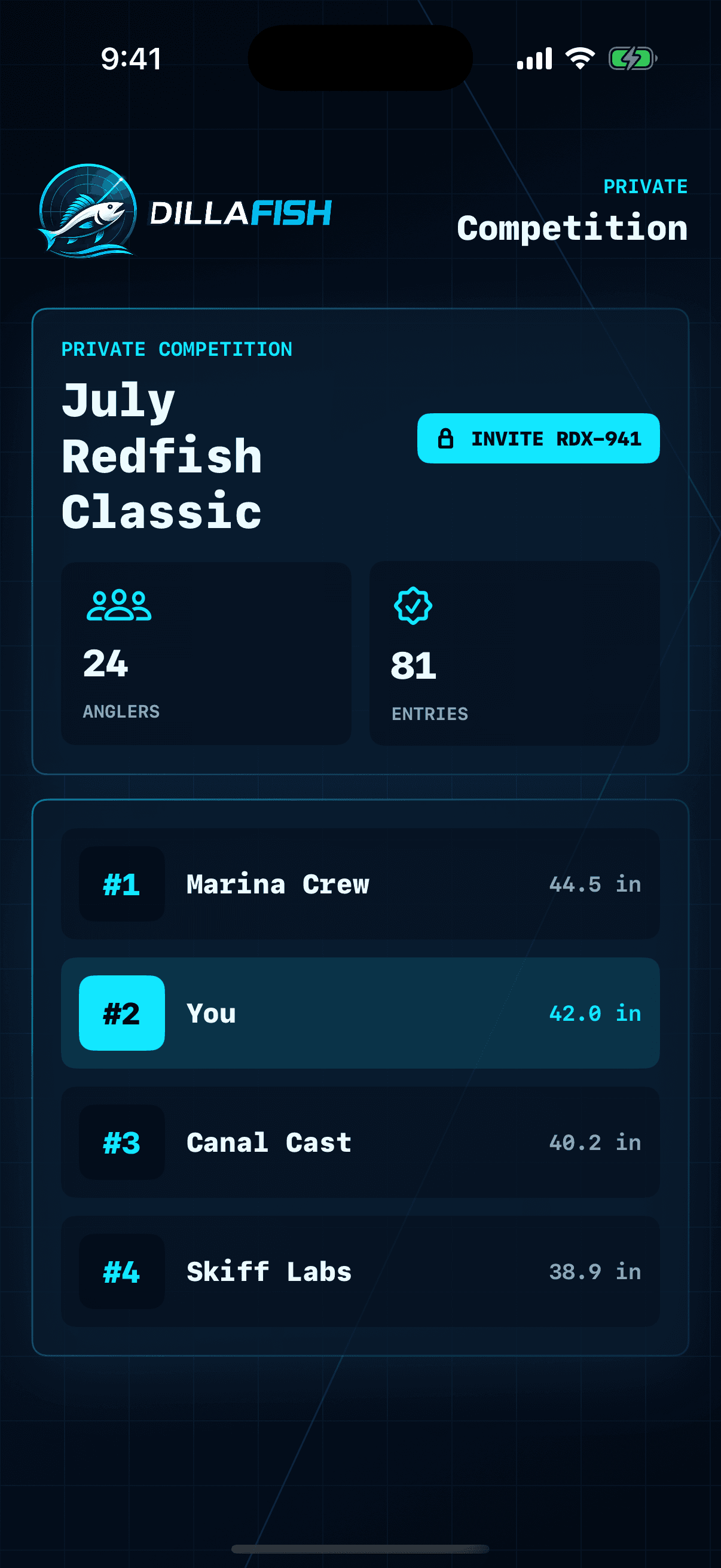 DillaFish private competition leaderboard screen.