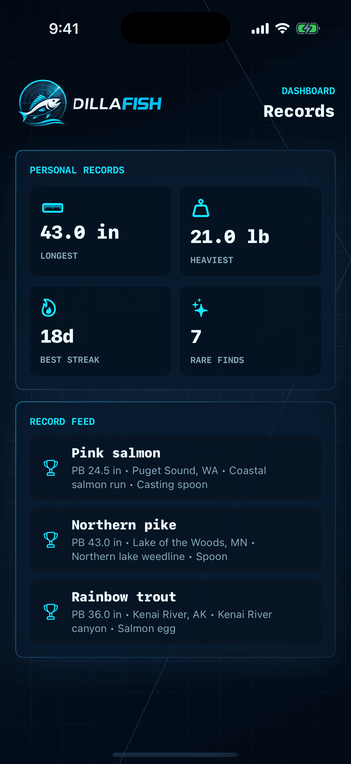 DillaFish personal records dashboard screen.
