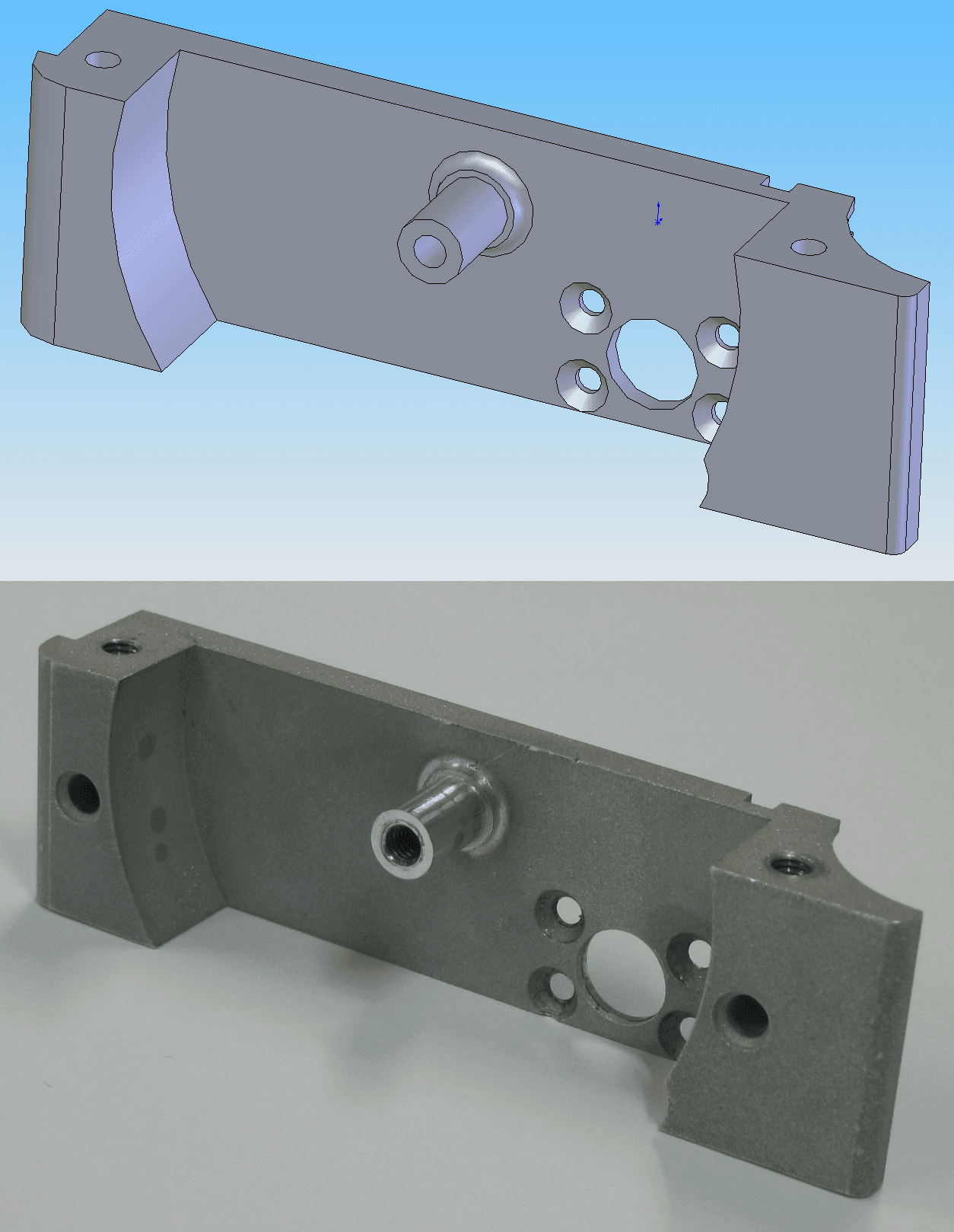 CAD model shown above a finished machined part.