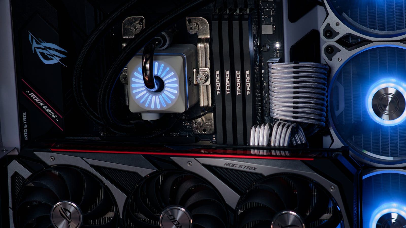 A close-up of modern computer hardware with cooling and GPU components.