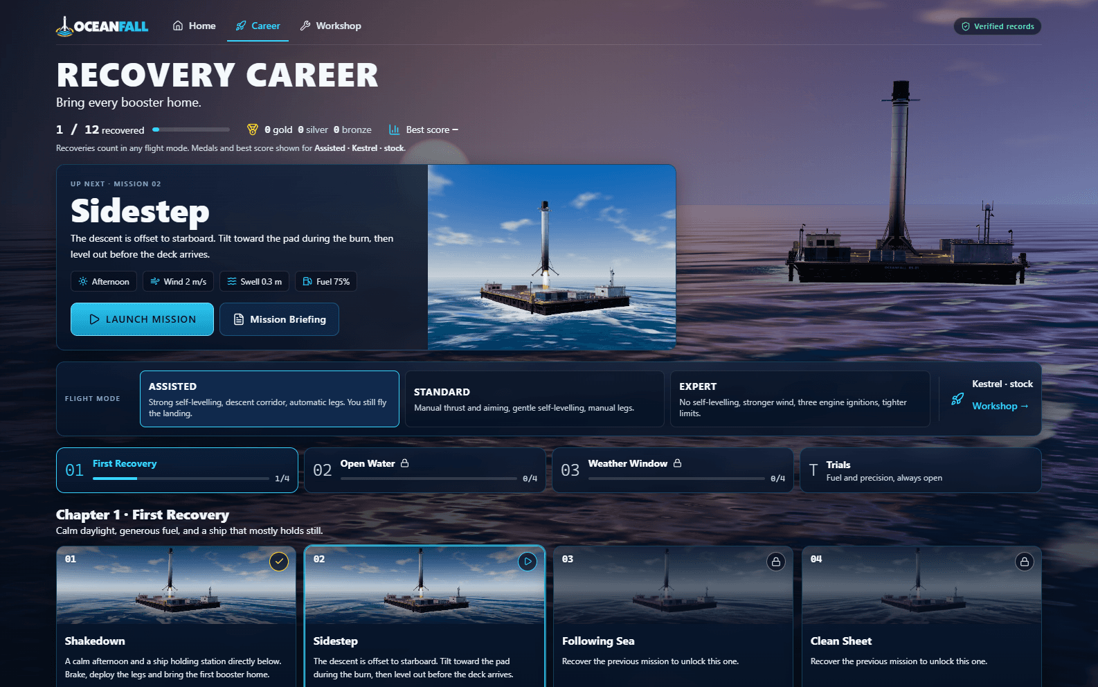 Recovery Career screen showing Sidestep, three flight modes, career chapters, and the first four missions