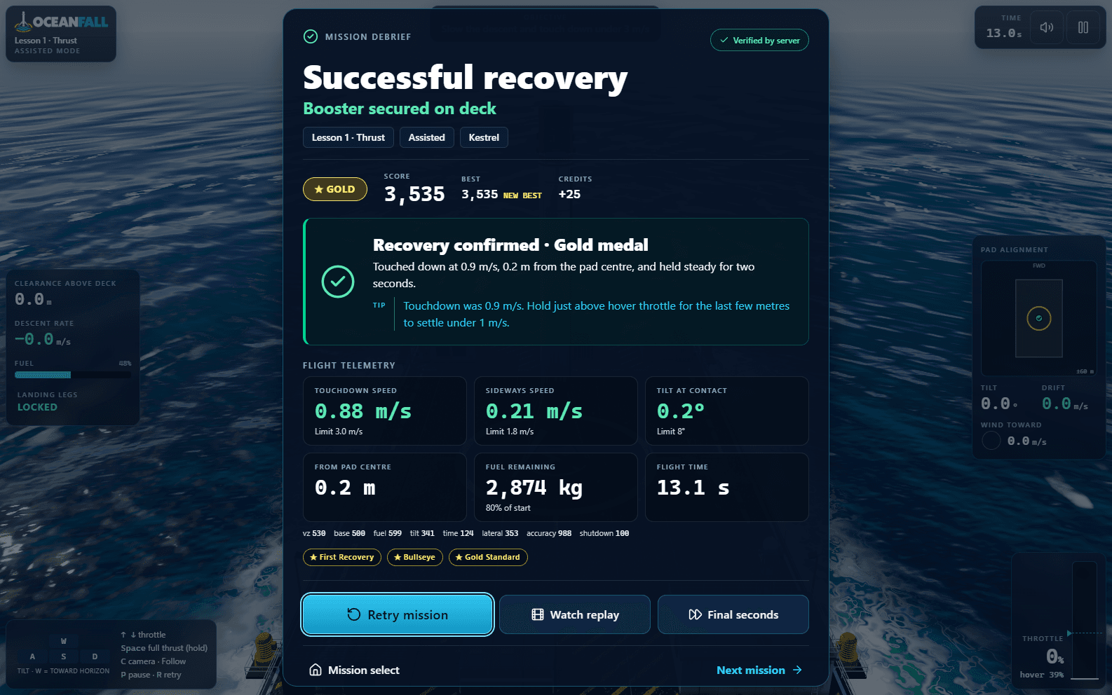 A successful server-verified recovery debrief with a gold medal, score, credits, touchdown telemetry, and replay controls