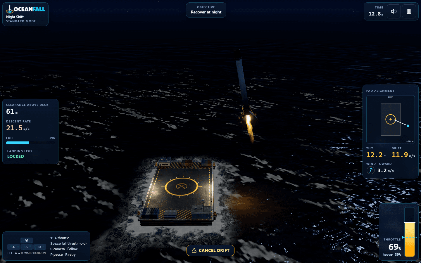 Night Shift mission with a booster descending toward an illuminated drone ship on a dark ocean