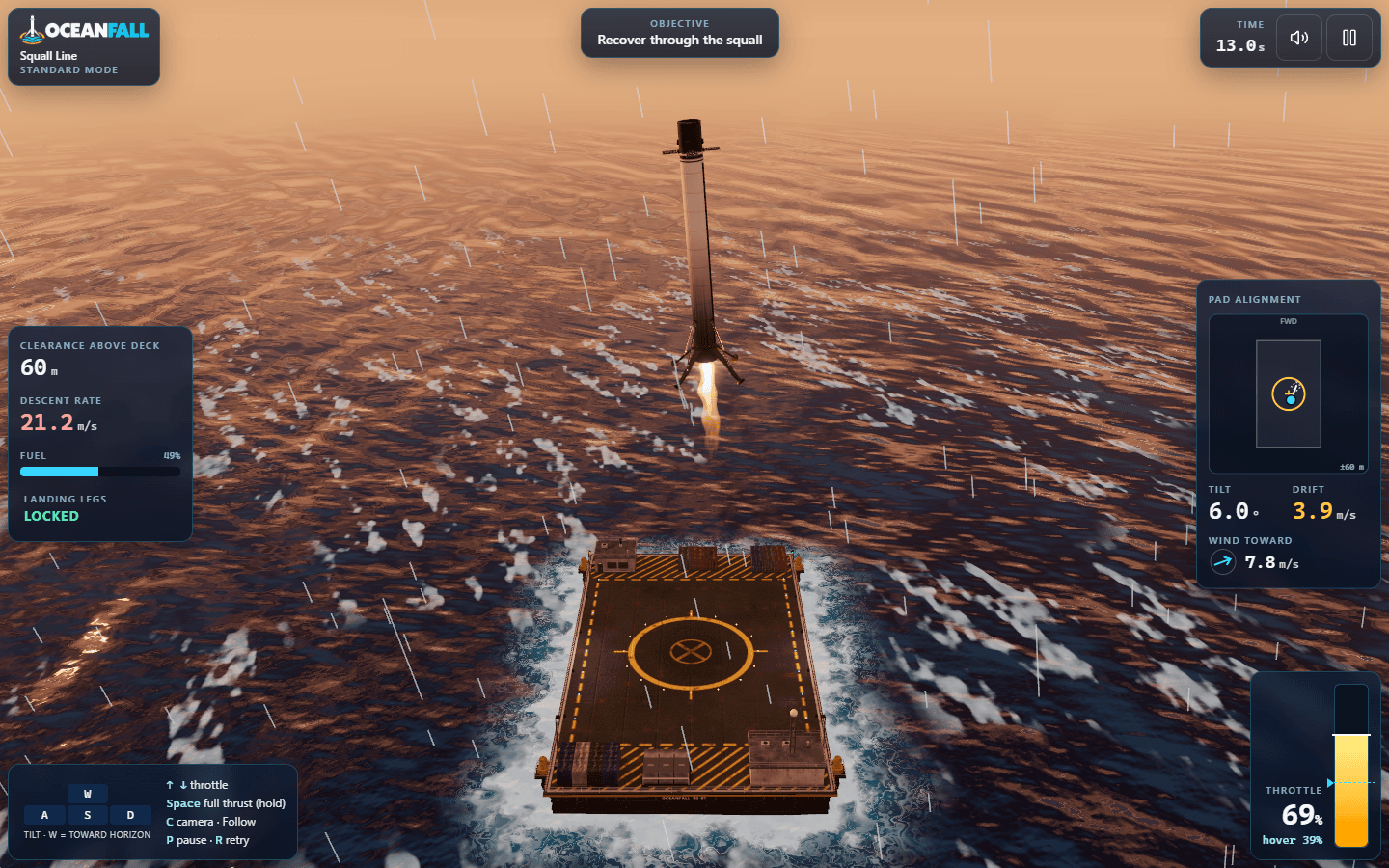 Squall Line mission with rain streaking across a booster approach over a rough ocean at dusk