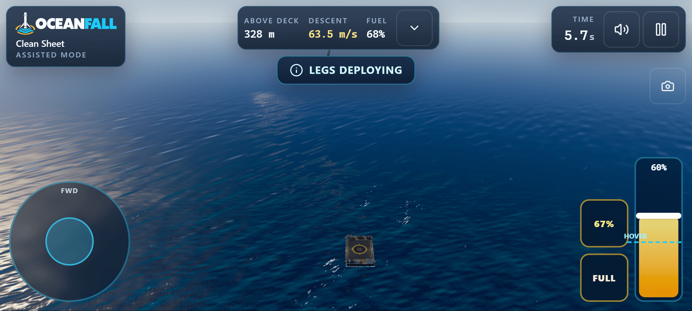 OceanFall touch layout with a left tilt stick, right throttle slider, full-thrust button, camera button, and compact instrument strip