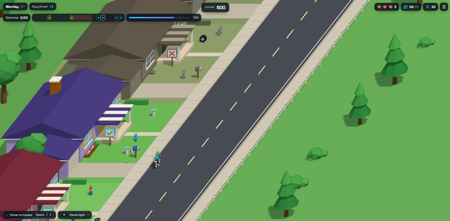 A cyclist approaching a blue-arrow mailbox beside brightly painted and grey houses; the Monday HUD shows score, deliveries, papers, subscribers, and lives