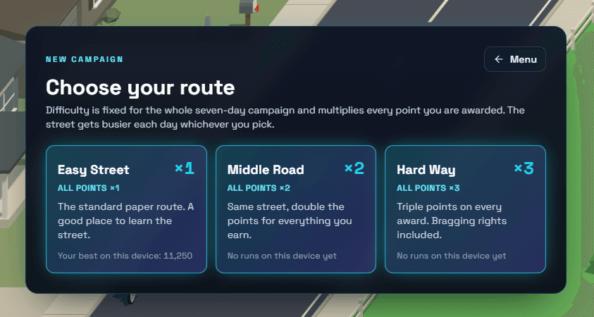 Choose your route screen with Easy Street, Middle Road, and Hard Way score multipliers