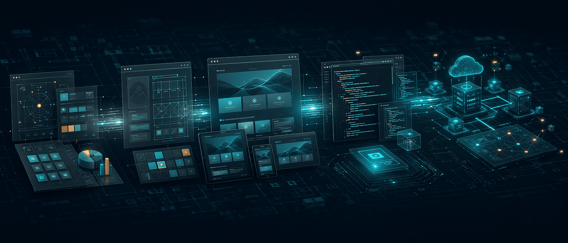 Abstract generated artwork showing a website design, development, and deployment pipeline.