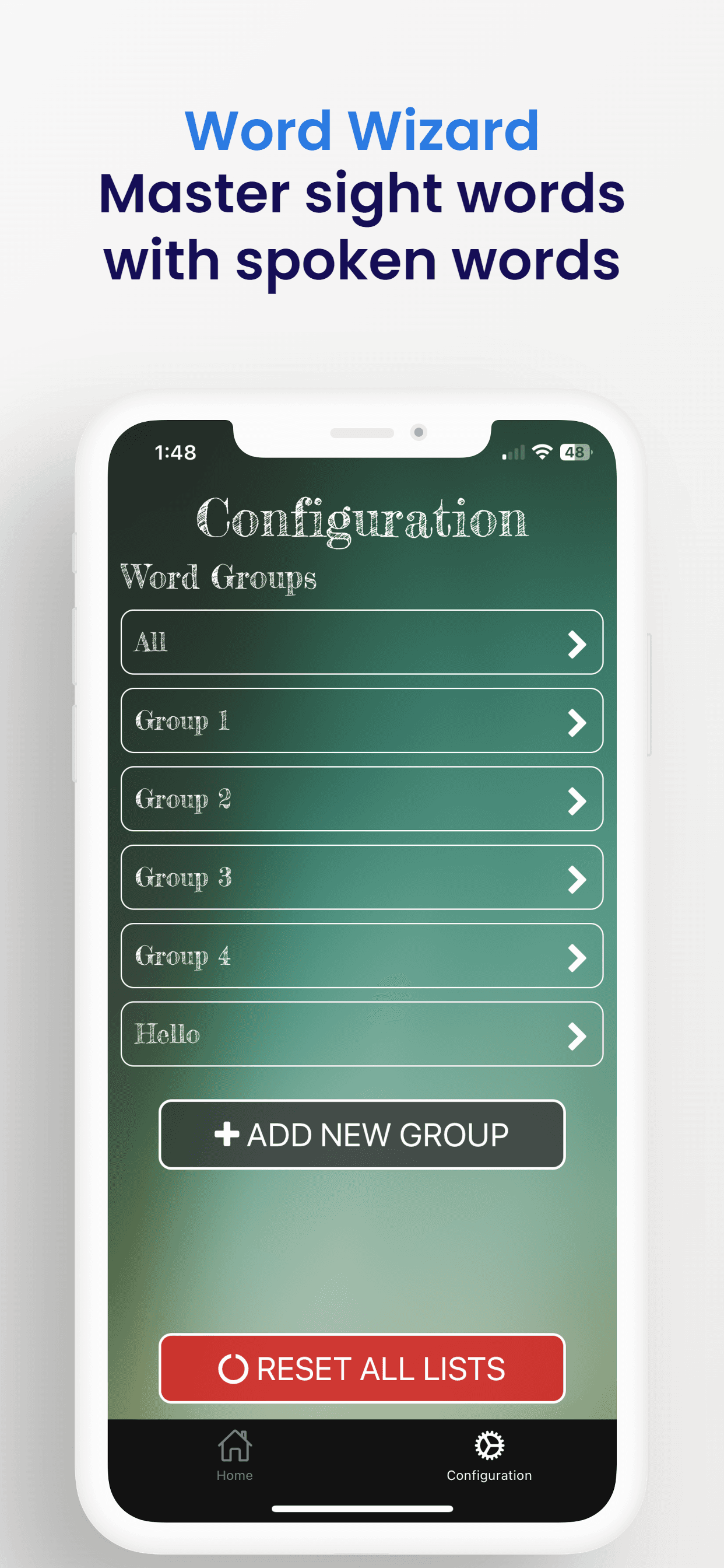 DillaSight Words settings screen