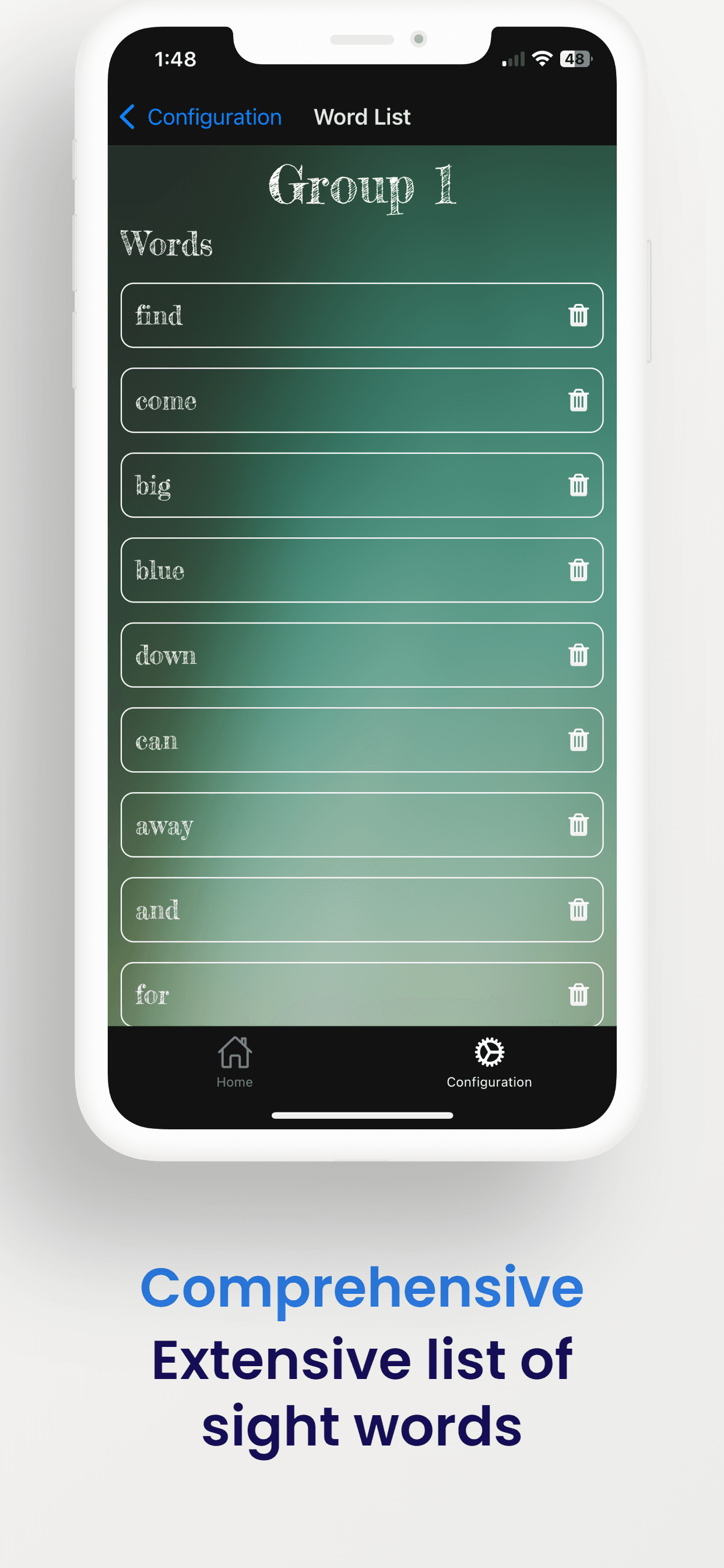 DillaSight Words word list screen