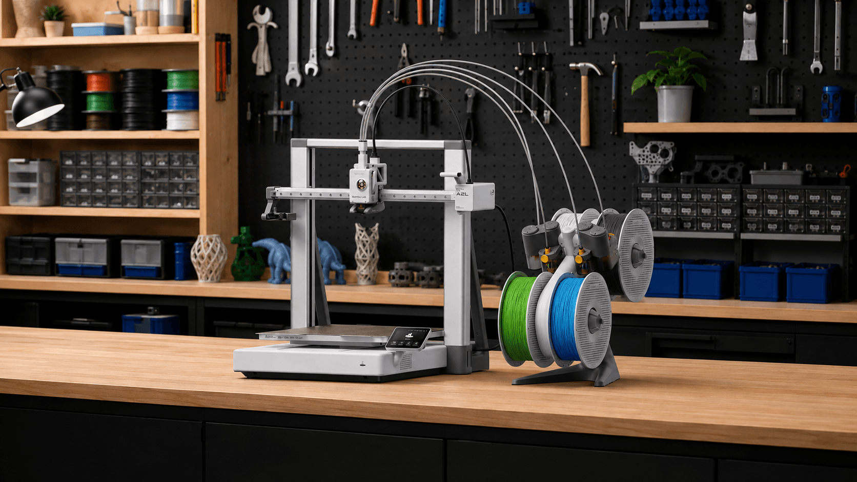 A network-connected desktop 3D printer with a four-spool automatic material feeder in a modern workshop.
