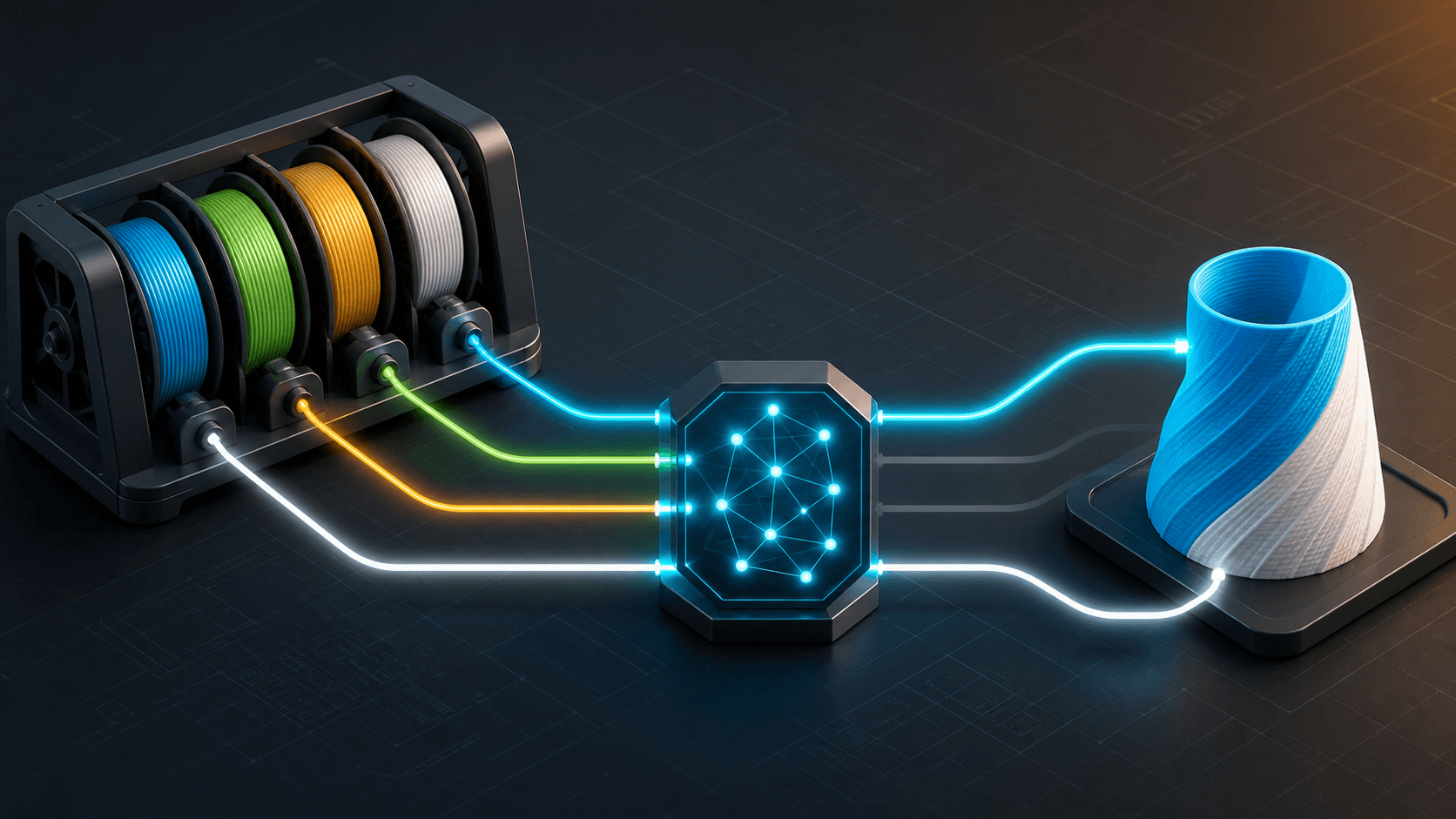 Four filament spools connected through a network mapping node to a two-color printed part.