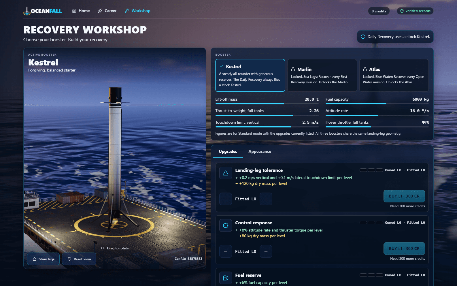 Recovery Workshop showing a Kestrel booster on deck, Marlin and Atlas unlocks, and landing-leg and control-response upgrades