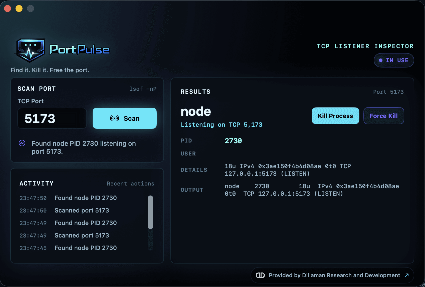 PortPulse showing process details for a found listener on a TCP port.