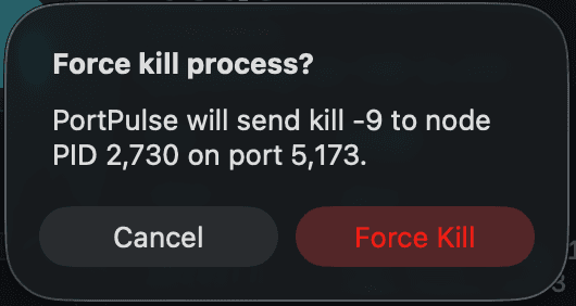 PortPulse dialog offering an optional force kill action for a stubborn process.