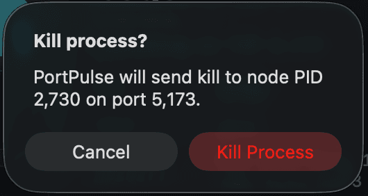 PortPulse confirmation dialog asking before terminating a process.