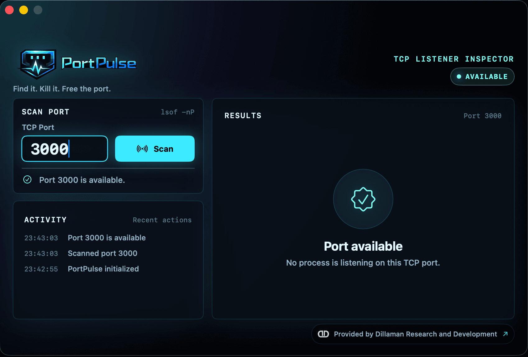PortPulse showing that a scanned TCP port is available.