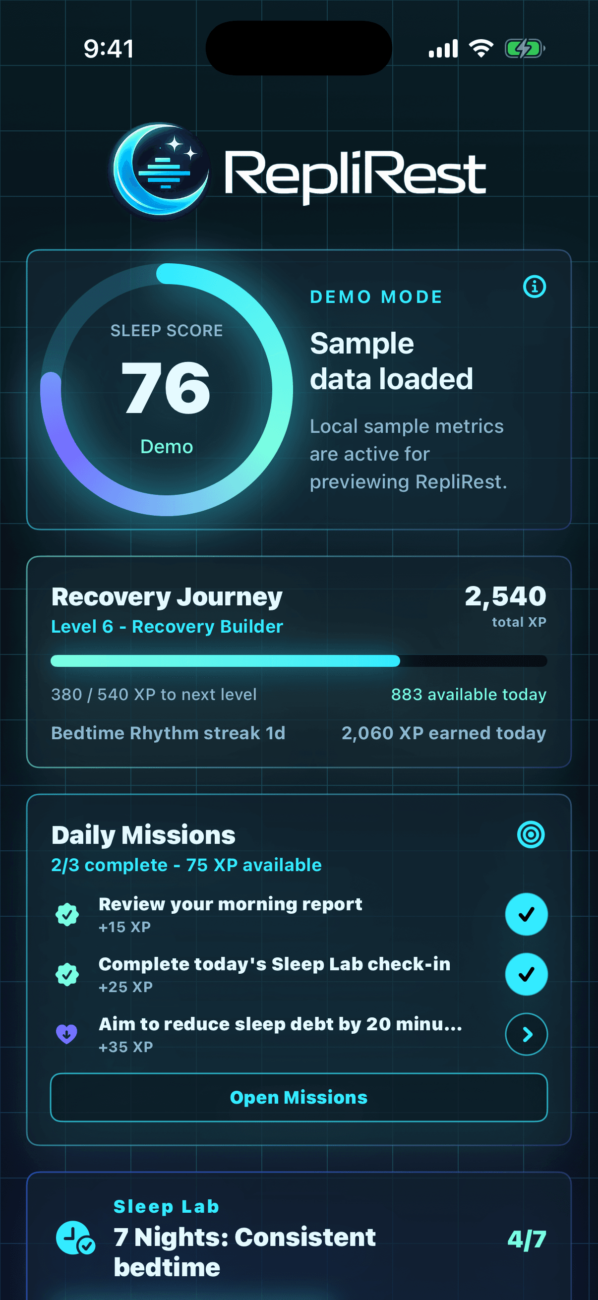 RepliRest main dashboard showing sleep score and recovery on iPhone.
