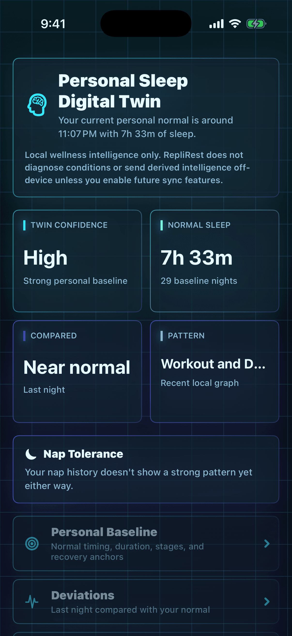 RepliRest Digital Twin screen showing personal sleep baseline metrics.