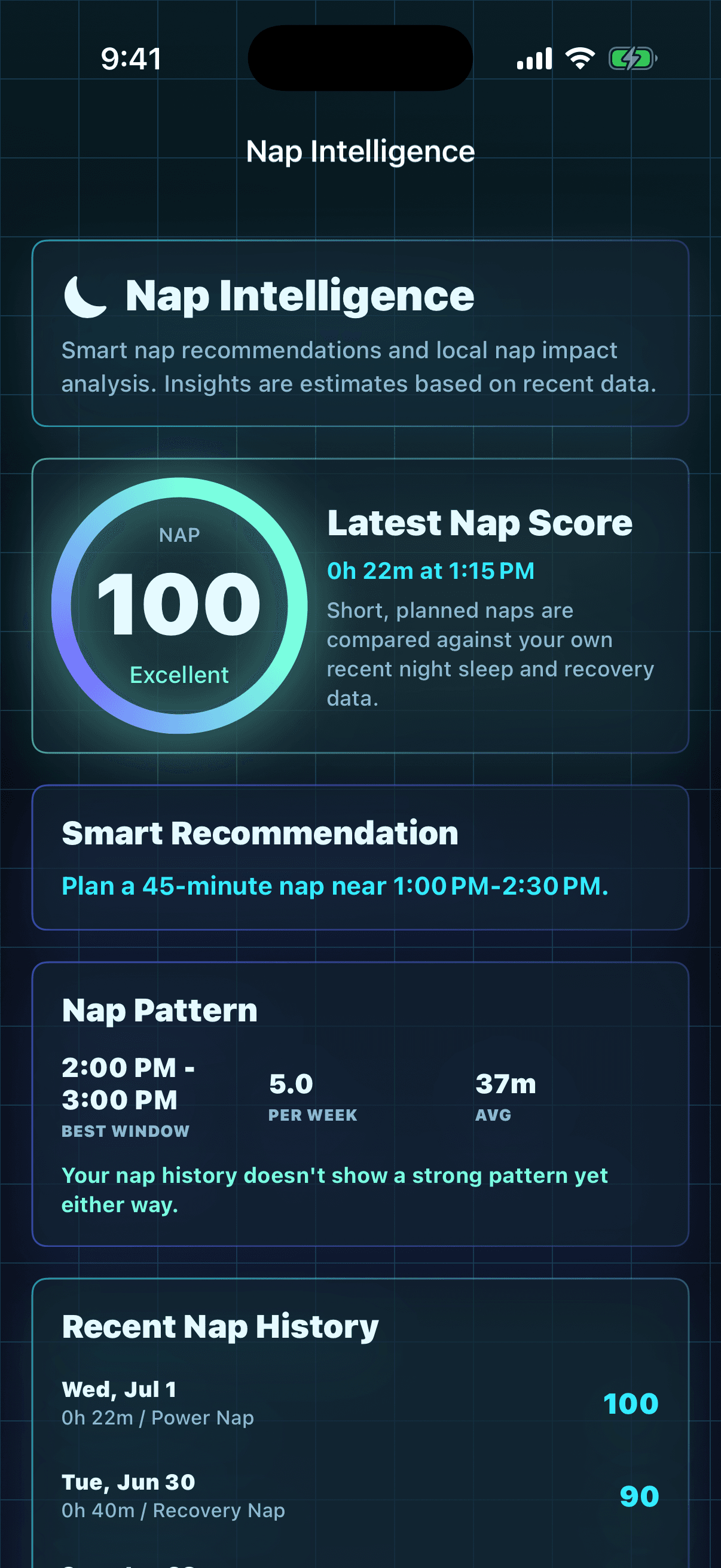 RepliRest Nap Intelligence screen showing detected naps and recovery impact.