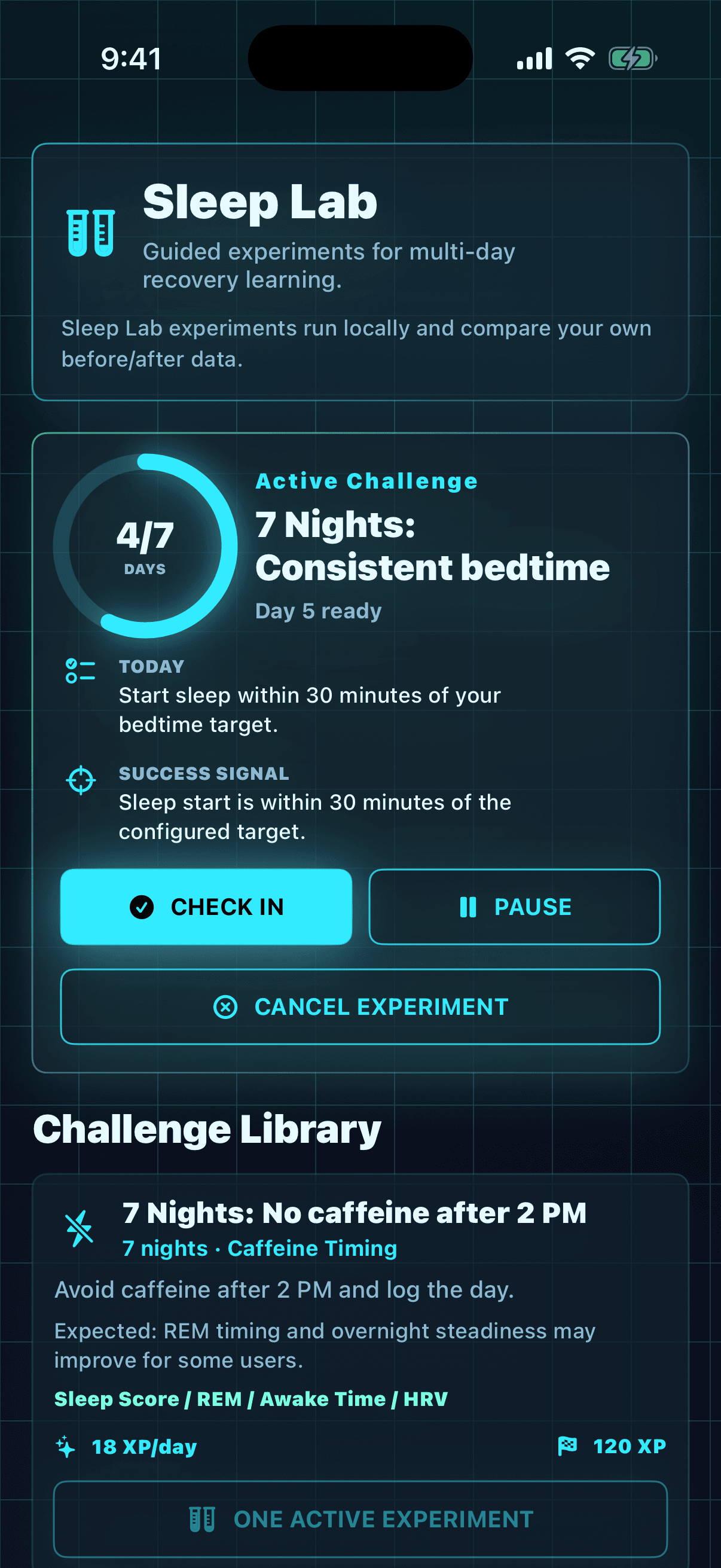 RepliRest Sleep Lab Challenges screen.