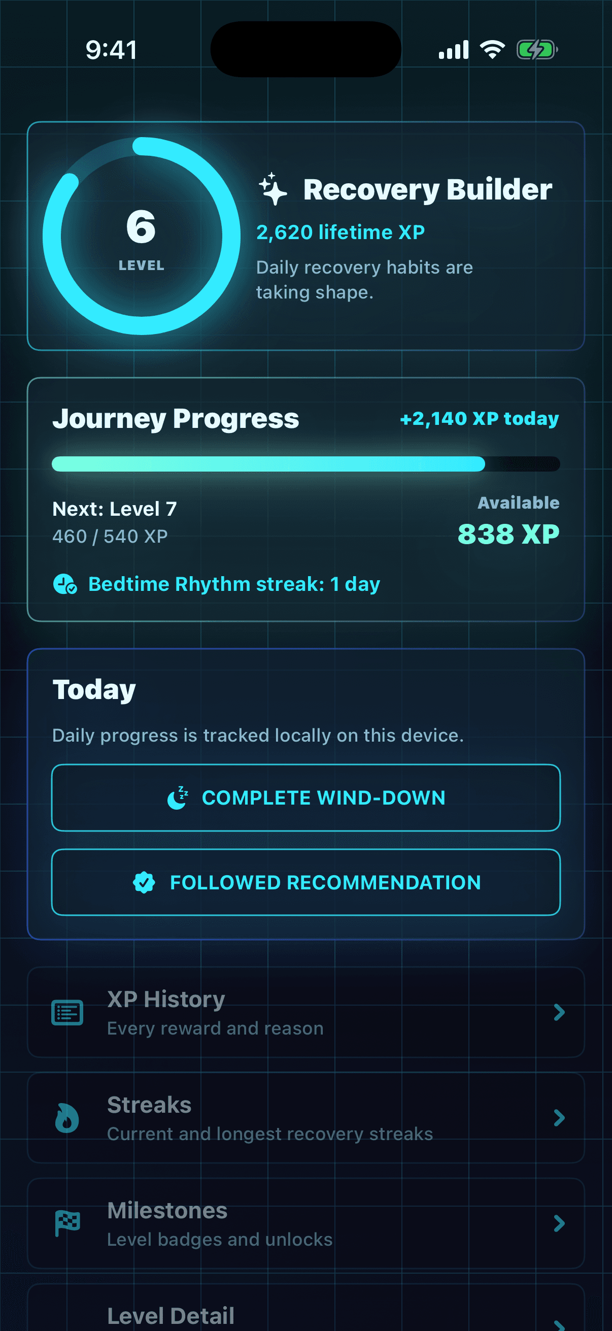 RepliRest Recovery Journey screen showing XP, streaks, and missions.