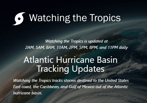 Watching the Tropics landing header showing the update cadence and Atlantic basin tracking headline.