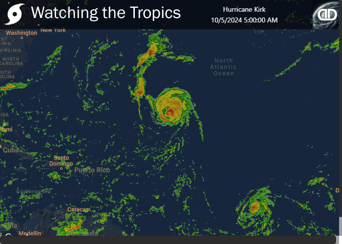 Watching the Tropics precipitation and radar map showing Hurricane Kirk in the Atlantic.
